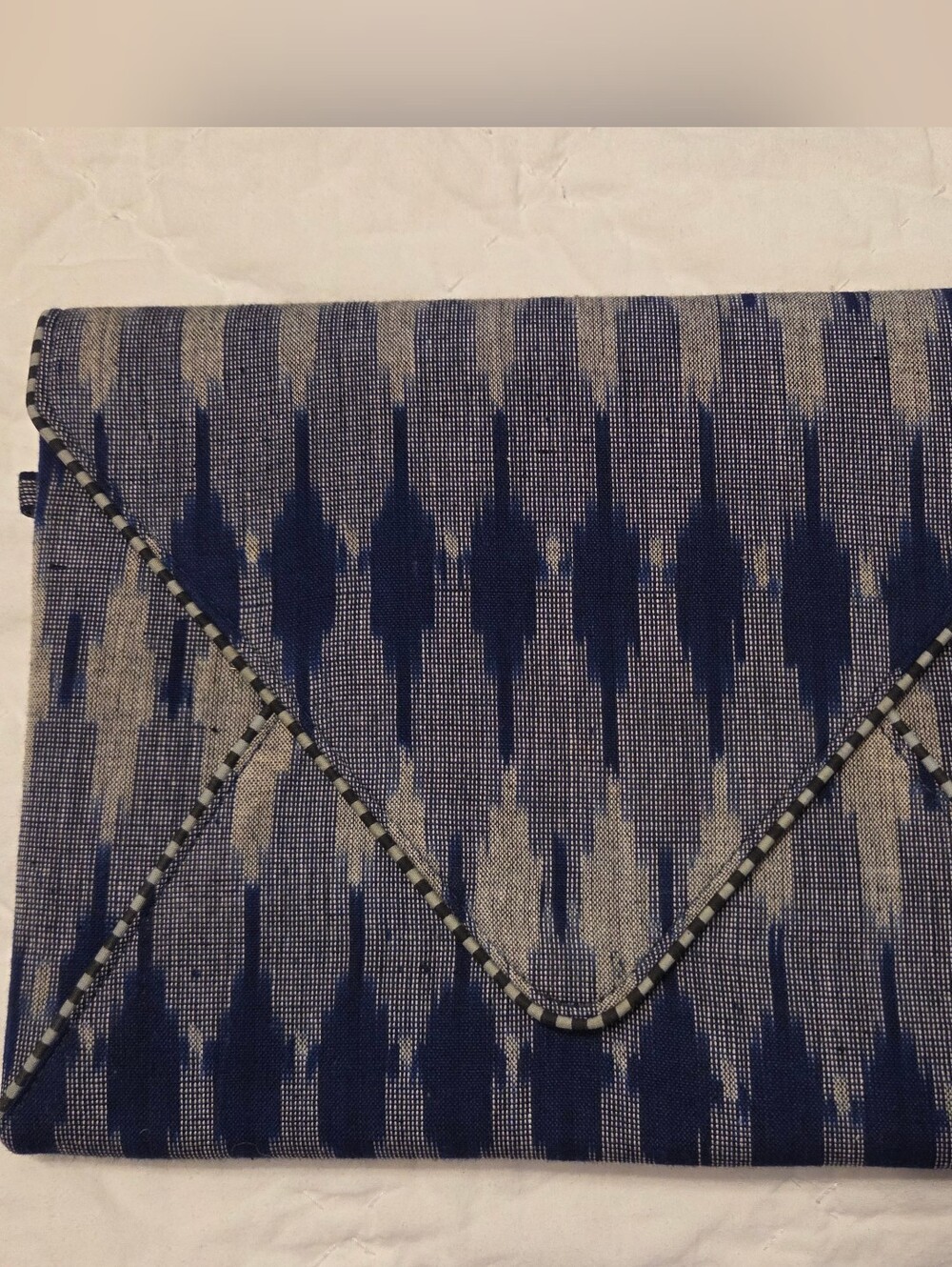 Handwoven Ikat Fabric Envelope Clutch Bag - Blue & Grey Chevron Geometric